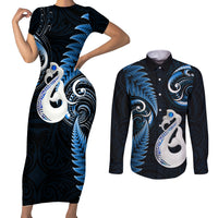 Personalised New Zealand Couples Short Sleeve Bodycon Dress and Long Sleeve Button Shirts Aotearoa Silver Fern With Manaia Maori Unique Blue - Wonder Print Shop
