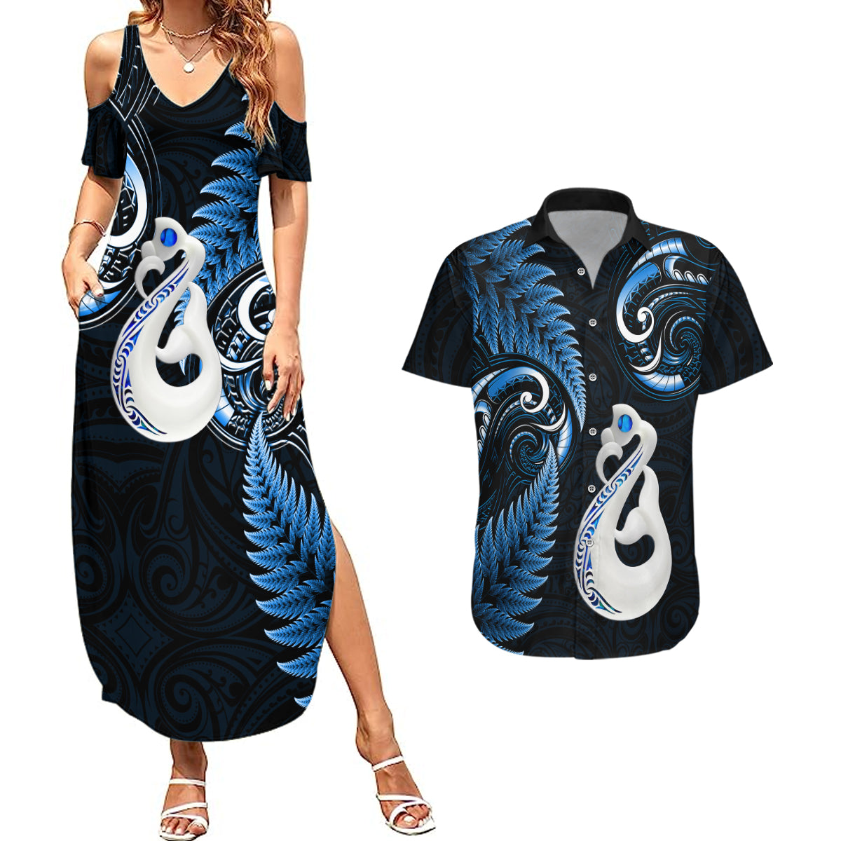 Personalised New Zealand Couples Summer Maxi Dress and Hawaiian Shirt Aotearoa Silver Fern With Manaia Maori Unique Blue - Wonder Print Shop