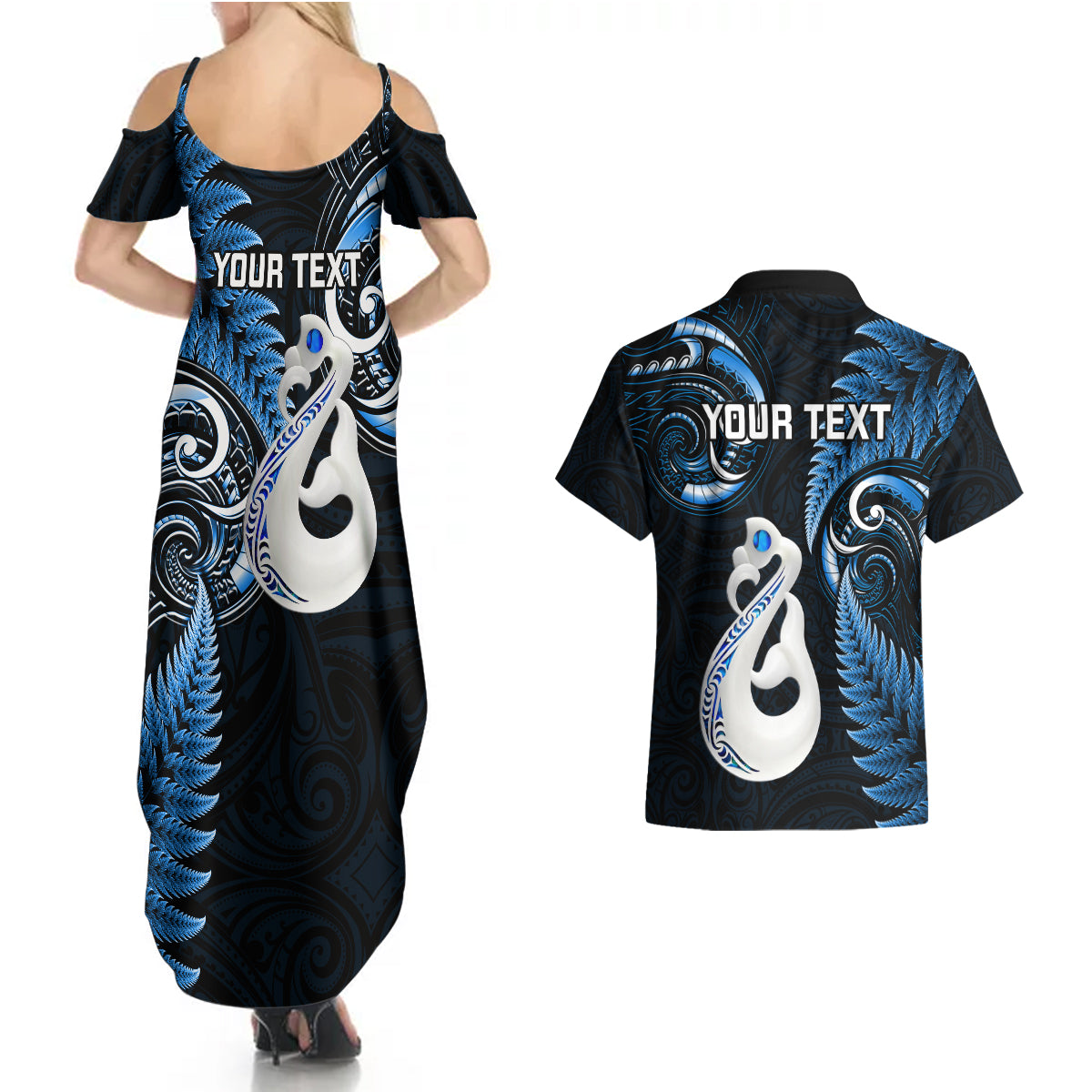 Personalised New Zealand Couples Summer Maxi Dress and Hawaiian Shirt Aotearoa Silver Fern With Manaia Maori Unique Blue - Wonder Print Shop