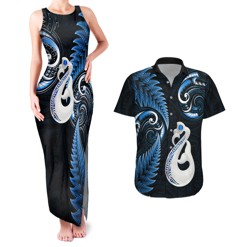Personalised New Zealand Couples Matching Tank Maxi Dress And Hawaiian Shirt Aotearoa Silver Fern With Manaia Maori Unique Blue - Wonder Print Shop