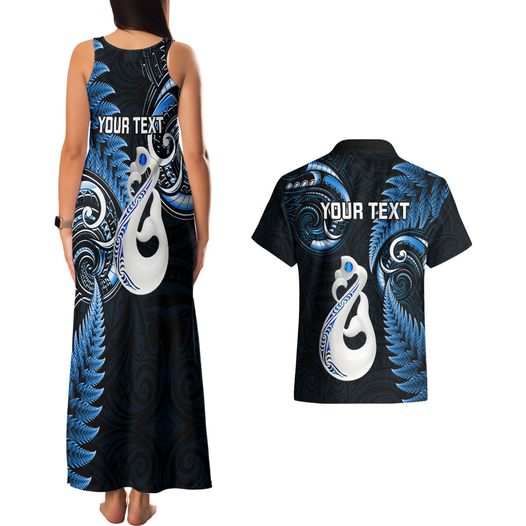 Personalised New Zealand Couples Matching Tank Maxi Dress And Hawaiian Shirt Aotearoa Silver Fern With Manaia Maori Unique Blue - Wonder Print Shop