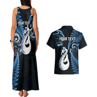 Personalised New Zealand Couples Matching Tank Maxi Dress And Hawaiian Shirt Aotearoa Silver Fern With Manaia Maori Unique Blue - Wonder Print Shop