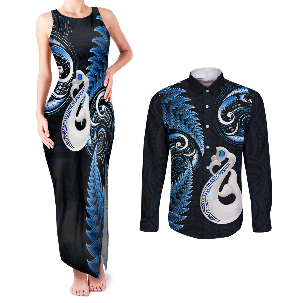 Personalised New Zealand Couples Matching Tank Maxi Dress and Long Sleeve Button Shirts Aotearoa Silver Fern With Manaia Maori Unique Blue - Wonder Print Shop