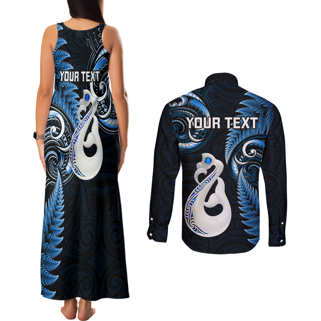 Personalised New Zealand Couples Matching Tank Maxi Dress and Long Sleeve Button Shirts Aotearoa Silver Fern With Manaia Maori Unique Blue - Wonder Print Shop