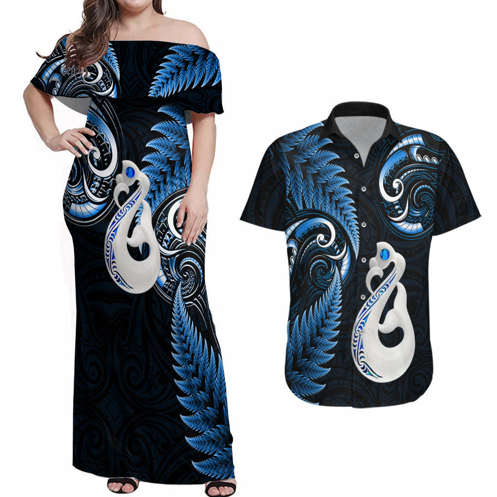 Personalised New Zealand Couples Off Shoulder Maxi Dress and Hawaiian Shirt Aotearoa Silver Fern With Manaia Maori Unique Blue - Wonder Print Shop