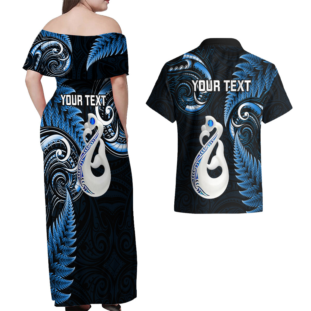 Personalised New Zealand Couples Off Shoulder Maxi Dress and Hawaiian Shirt Aotearoa Silver Fern With Manaia Maori Unique Blue - Wonder Print Shop