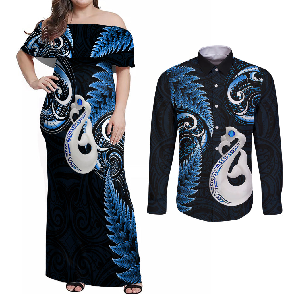 Personalised New Zealand Couples Off Shoulder Maxi Dress and Long Sleeve Button Shirts Aotearoa Silver Fern With Manaia Maori Unique Blue - Wonder Print Shop