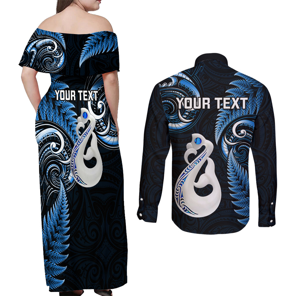 Personalised New Zealand Couples Off Shoulder Maxi Dress and Long Sleeve Button Shirts Aotearoa Silver Fern With Manaia Maori Unique Blue - Wonder Print Shop