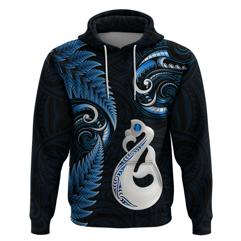 Personalised New Zealand Hoodie Aotearoa Silver Fern With Manaia Maori Unique Blue - Wonder Print Shop