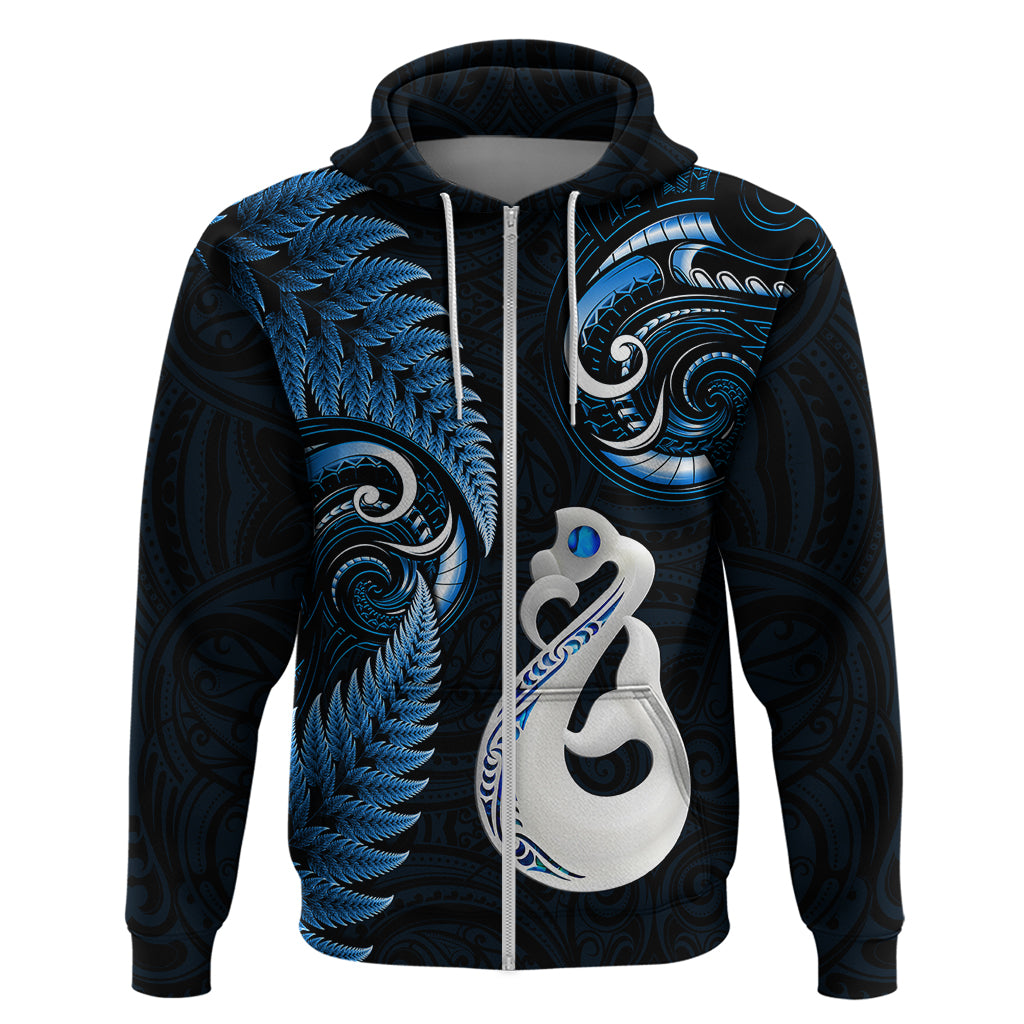 Personalised New Zealand Hoodie Aotearoa Silver Fern With Manaia Maori Unique Blue - Wonder Print Shop