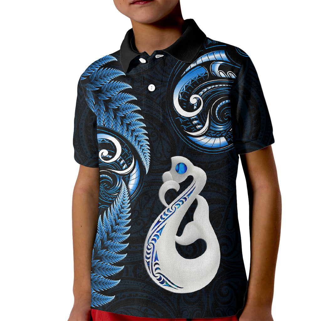 Personalised New Zealand Kid Polo Shirt Aotearoa Silver Fern With Manaia Maori Unique Blue - Wonder Print Shop