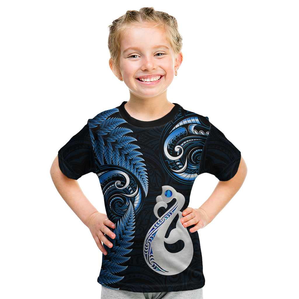 Personalised New Zealand Kid T Shirt Aotearoa Silver Fern With Manaia Maori Unique Blue - Wonder Print Shop