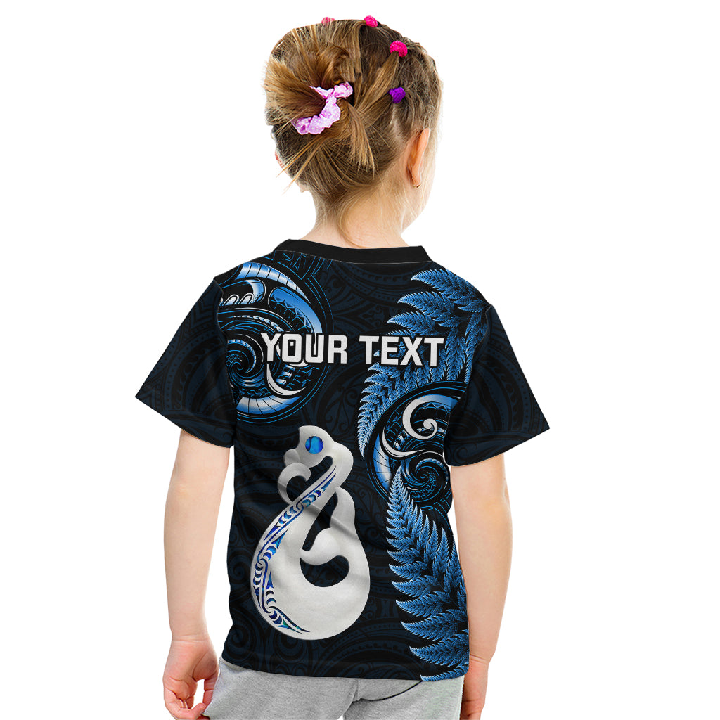 Personalised New Zealand Kid T Shirt Aotearoa Silver Fern With Manaia Maori Unique Blue - Wonder Print Shop