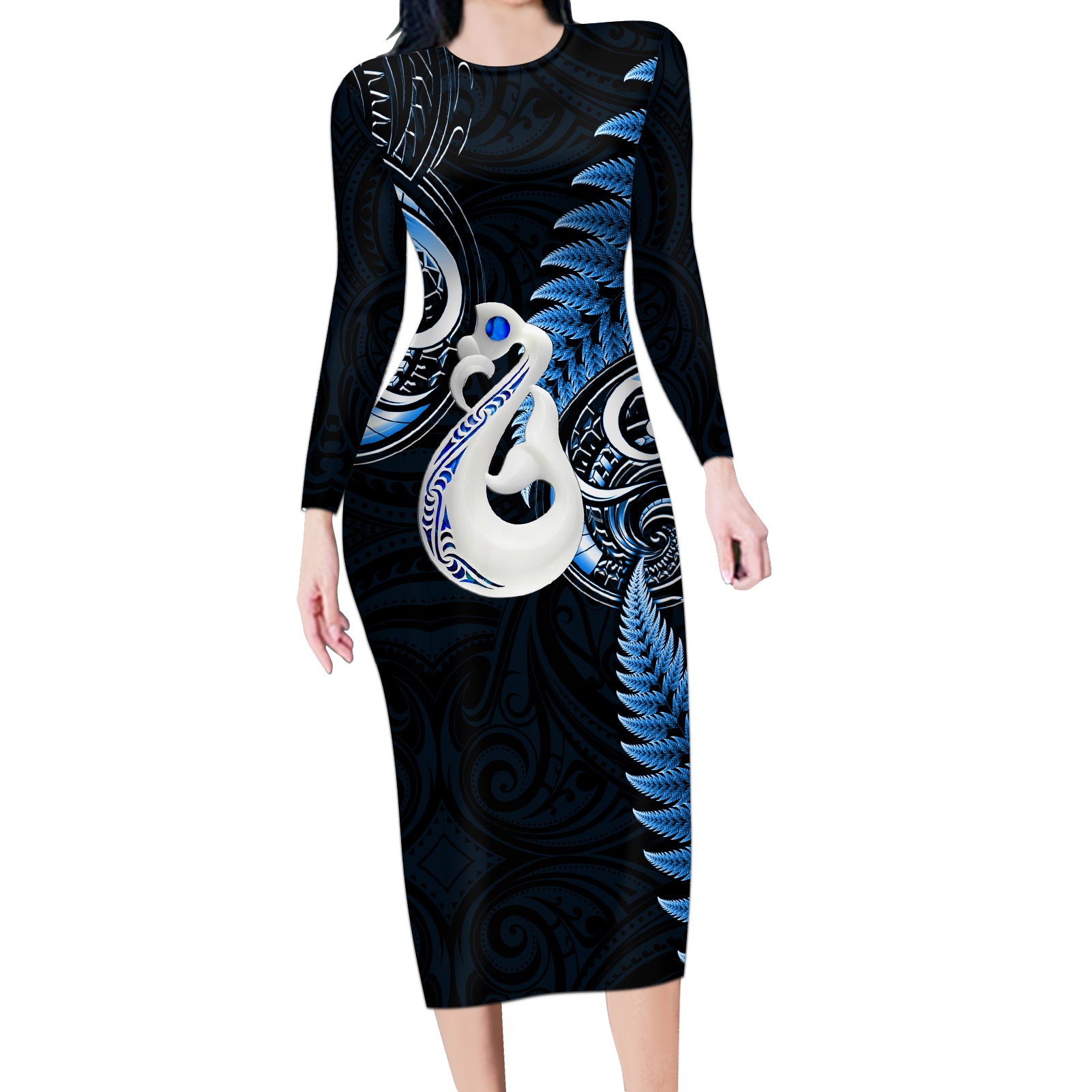 Personalised New Zealand Long Sleeve Bodycon Dress Aotearoa Silver Fern With Manaia Maori Unique Blue - Wonder Print Shop
