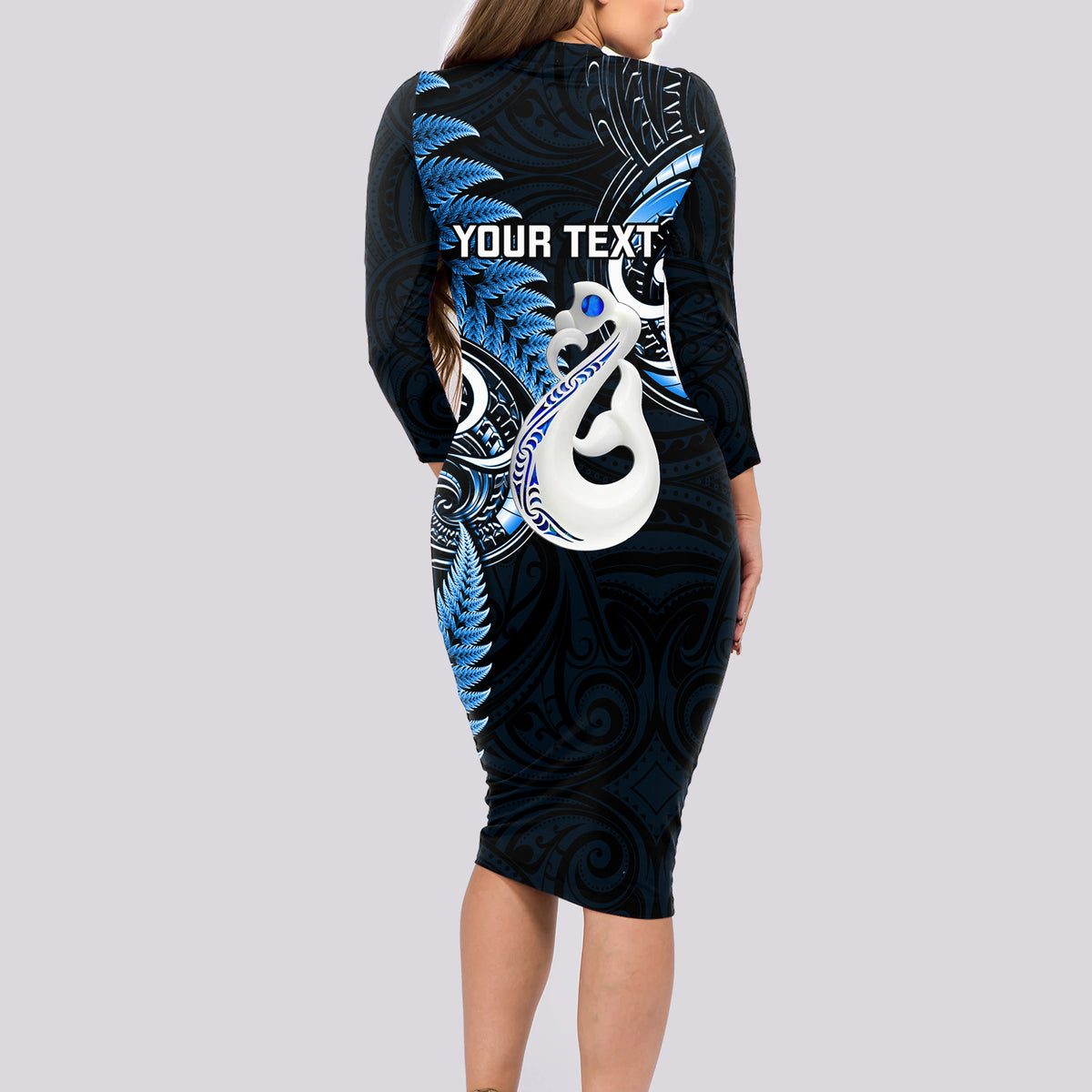 Personalised New Zealand Long Sleeve Bodycon Dress Aotearoa Silver Fern With Manaia Maori Unique Blue - Wonder Print Shop