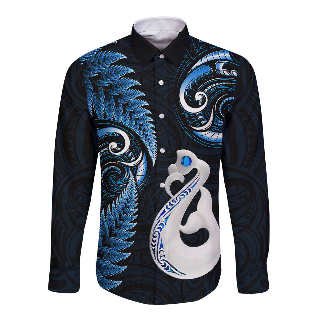 Personalised New Zealand Long Sleeve Button Shirt Aotearoa Silver Fern With Manaia Maori Unique Blue - Wonder Print Shop
