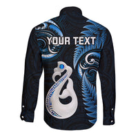 Personalised New Zealand Long Sleeve Button Shirt Aotearoa Silver Fern With Manaia Maori Unique Blue - Wonder Print Shop