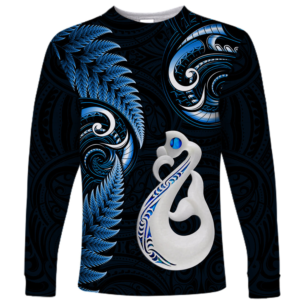 Personalised New Zealand Long Sleeve Shirt Aotearoa Silver Fern With Manaia Maori Unique Blue - Wonder Print Shop