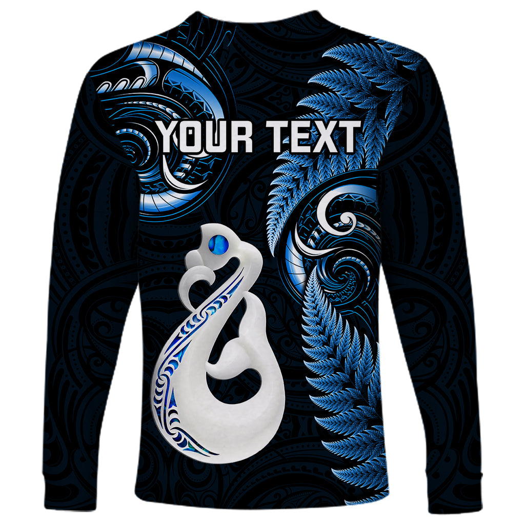 Personalised New Zealand Long Sleeve Shirt Aotearoa Silver Fern With Manaia Maori Unique Blue - Wonder Print Shop
