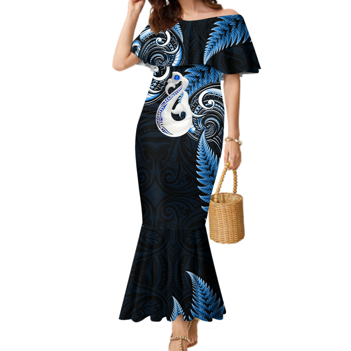 Personalised New Zealand Mermaid Dress Aotearoa Silver Fern With Manaia Maori Unique Blue - Wonder Print Shop