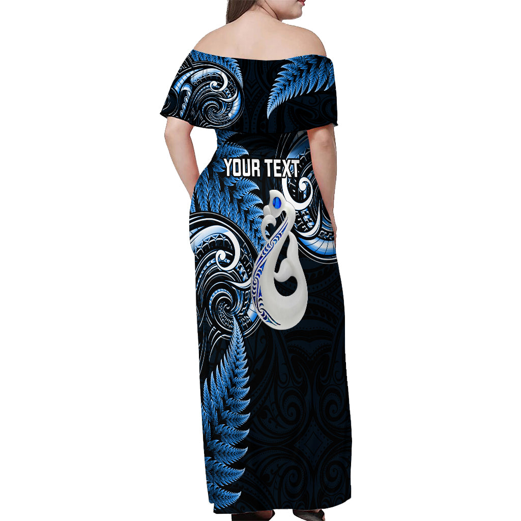 Personalised New Zealand Off Shoulder Maxi Dress Aotearoa Silver Fern With Manaia Maori Unique Blue - Wonder Print Shop