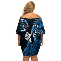 Personalised New Zealand Off Shoulder Short Dress Aotearoa Silver Fern With Manaia Maori Unique Blue - Wonder Print Shop