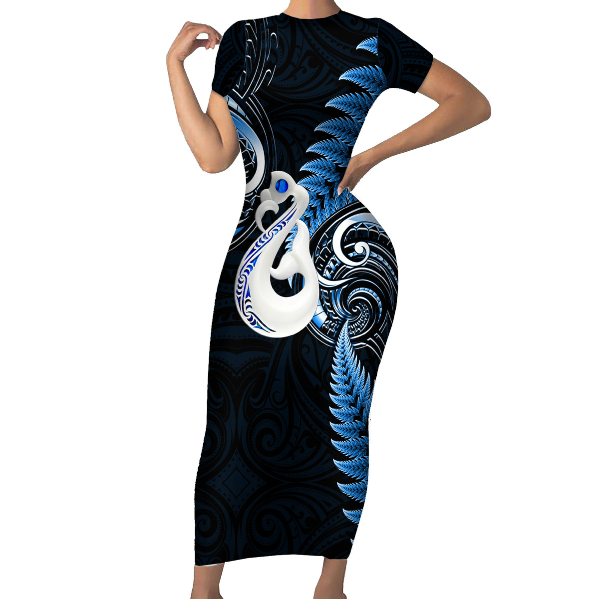 Personalised New Zealand Short Sleeve Bodycon Dress Aotearoa Silver Fern With Manaia Maori Unique Blue - Wonder Print Shop