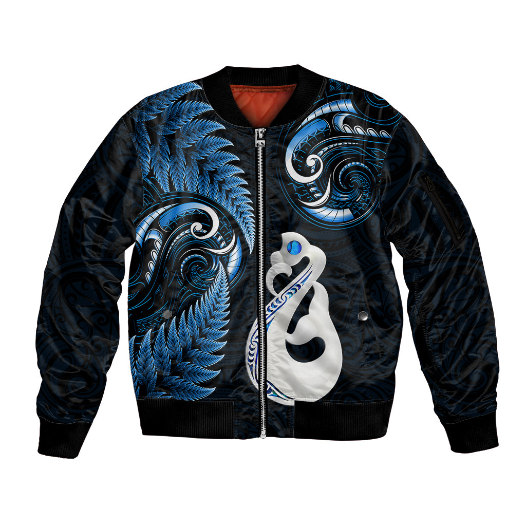 Personalised New Zealand Sleeve Zip Bomber Jacket Aotearoa Silver Fern With Manaia Maori Unique Blue - Wonder Print Shop