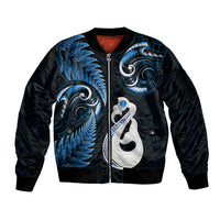 Personalised New Zealand Sleeve Zip Bomber Jacket Aotearoa Silver Fern With Manaia Maori Unique Blue - Wonder Print Shop