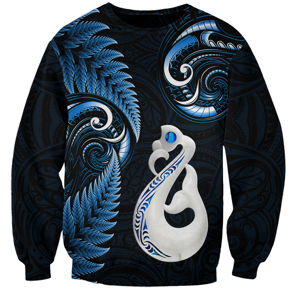 Personalised New Zealand Sweatshirt Aotearoa Silver Fern With Manaia Maori Unique Blue - Wonder Print Shop