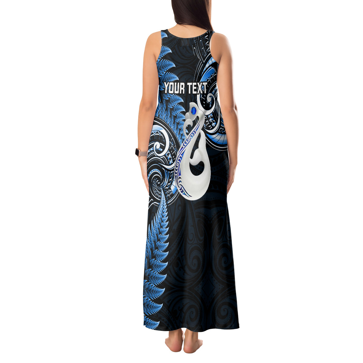 Personalised New Zealand Tank Maxi Dress Aotearoa Silver Fern With Manaia Maori Unique Blue - Wonder Print Shop
