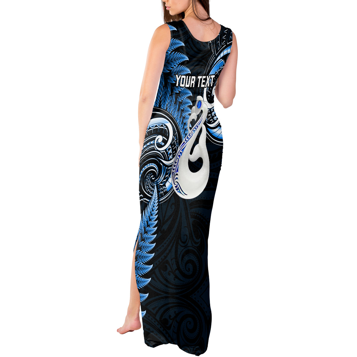 Personalised New Zealand Tank Maxi Dress Aotearoa Silver Fern With Manaia Maori Unique Blue - Wonder Print Shop