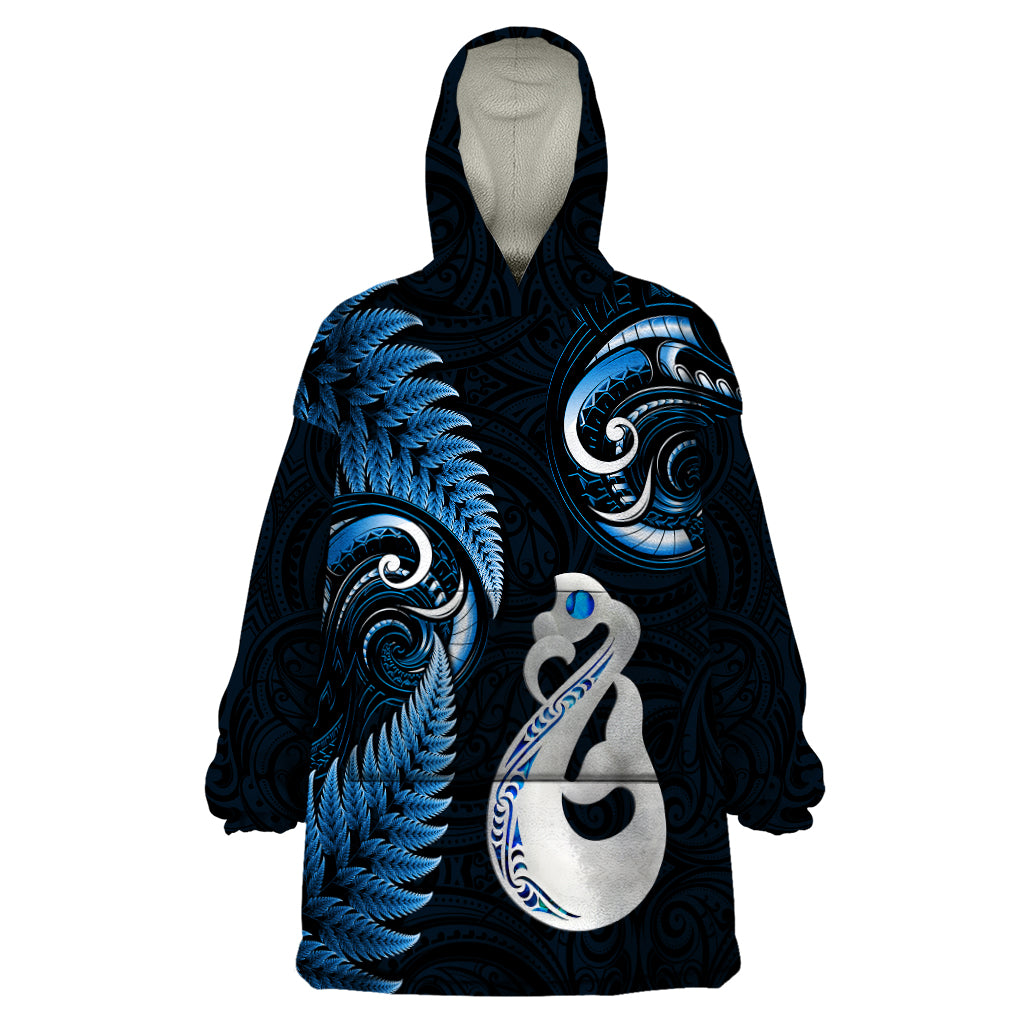 Personalised New Zealand Wearable Blanket Hoodie Aotearoa Silver Fern With Manaia Maori Unique Blue - Wonder Print Shop