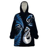 Personalised New Zealand Wearable Blanket Hoodie Aotearoa Silver Fern With Manaia Maori Unique Blue - Wonder Print Shop