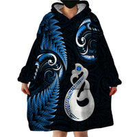 Personalised New Zealand Wearable Blanket Hoodie Aotearoa Silver Fern With Manaia Maori Unique Blue - Wonder Print Shop