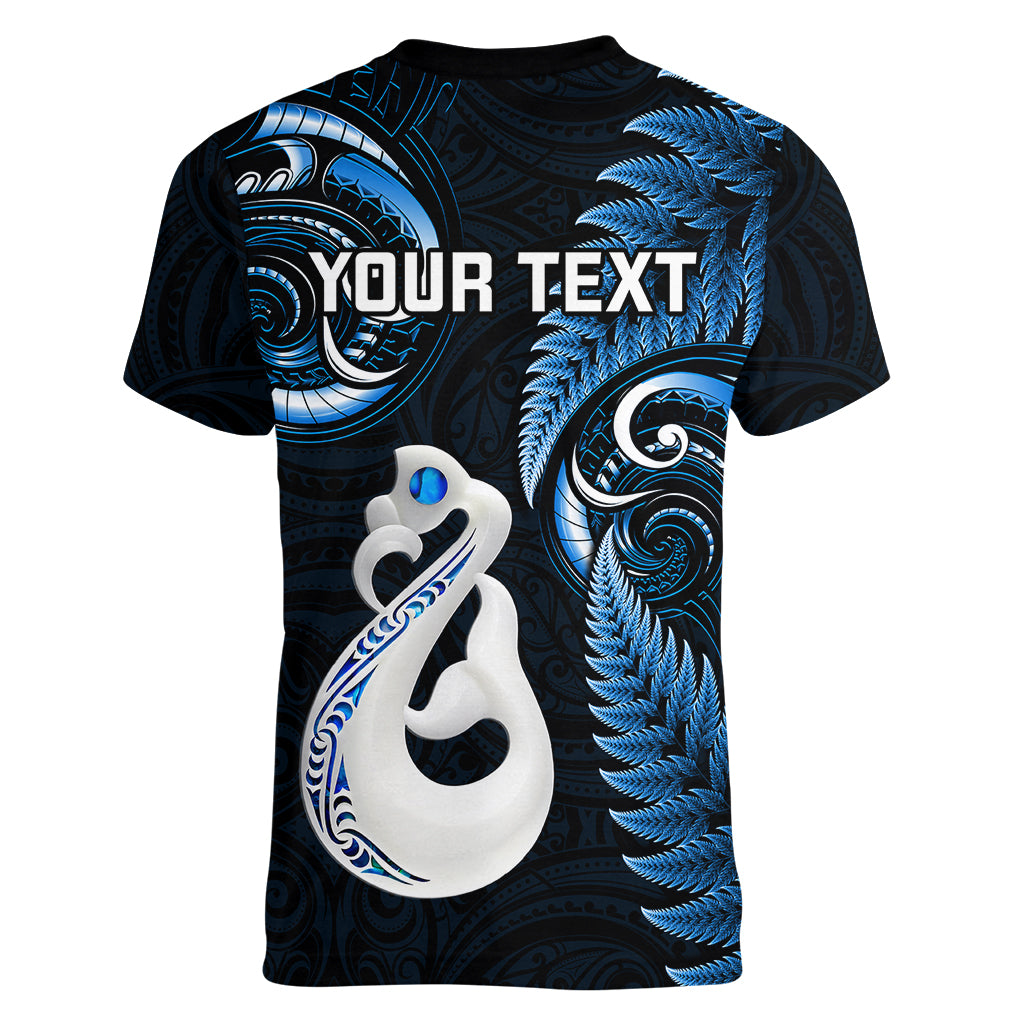 Personalised New Zealand Women V Neck T Shirt Aotearoa Silver Fern With Manaia Maori Unique Blue - Wonder Print Shop