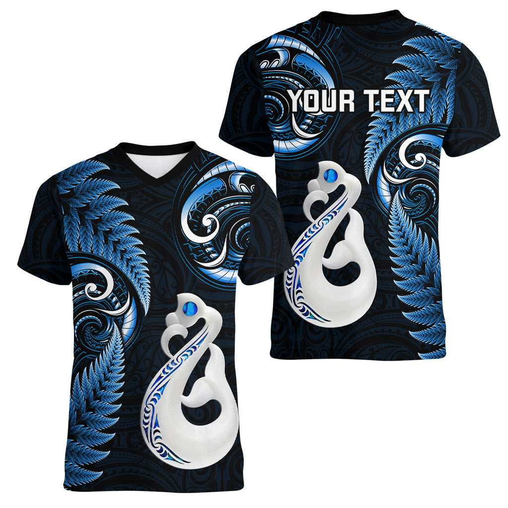 Personalised New Zealand Women V Neck T Shirt Aotearoa Silver Fern With Manaia Maori Unique Blue - Wonder Print Shop