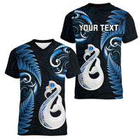 Personalised New Zealand Women V Neck T Shirt Aotearoa Silver Fern With Manaia Maori Unique Blue - Wonder Print Shop