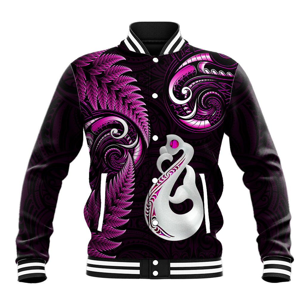 Personalised New Zealand Baseball Jacket Aotearoa Silver Fern With Manaia Maori Unique Pink - Wonder Print Shop