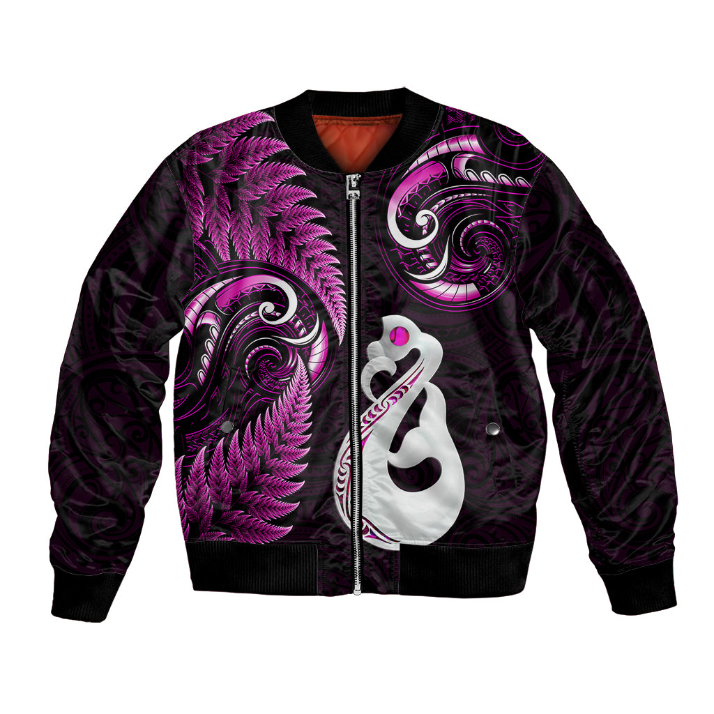 Personalised New Zealand Bomber Jacket Aotearoa Silver Fern With Manaia Maori Unique Pink - Wonder Print Shop
