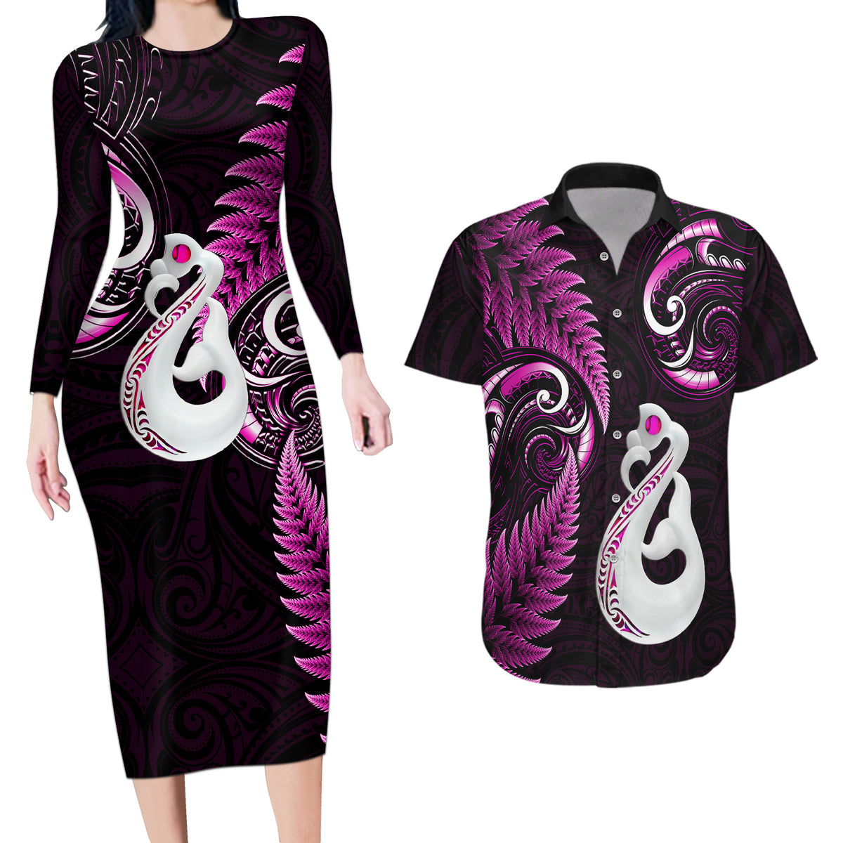 Personalised New Zealand Couples Long Sleeve Bodycon Dress and Hawaiian Shirt Aotearoa Silver Fern With Manaia Maori Unique Pink - Wonder Print Shop