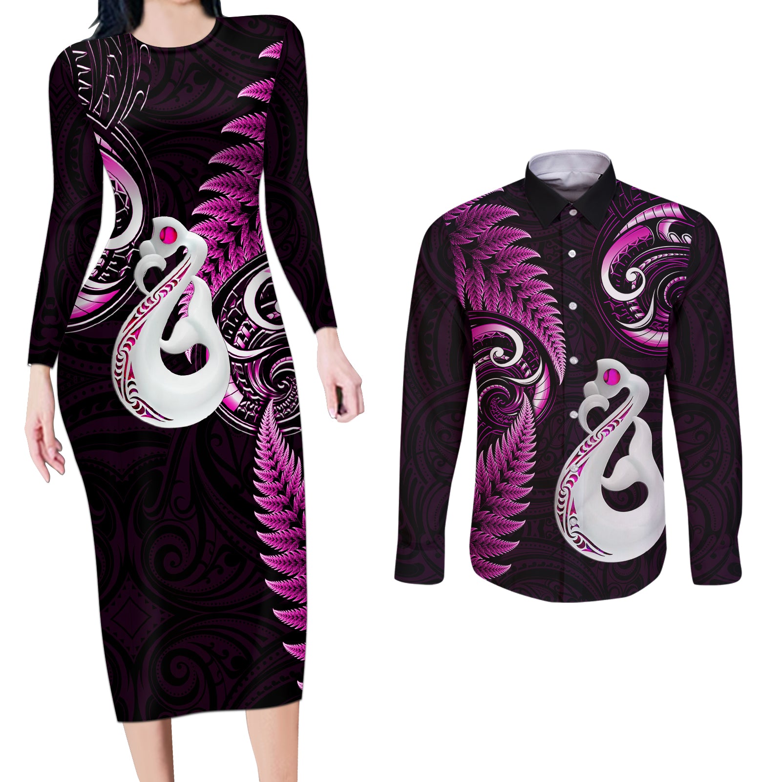 Personalised New Zealand Couples Long Sleeve Bodycon Dress and Long Sleeve Button Shirts Aotearoa Silver Fern With Manaia Maori Unique Pink - Wonder Print Shop