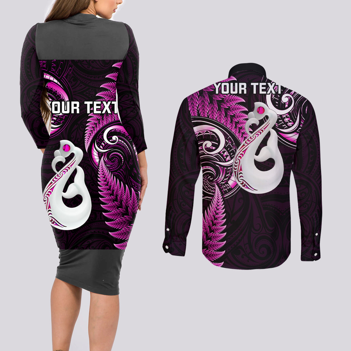 Personalised New Zealand Couples Long Sleeve Bodycon Dress and Long Sleeve Button Shirts Aotearoa Silver Fern With Manaia Maori Unique Pink - Wonder Print Shop
