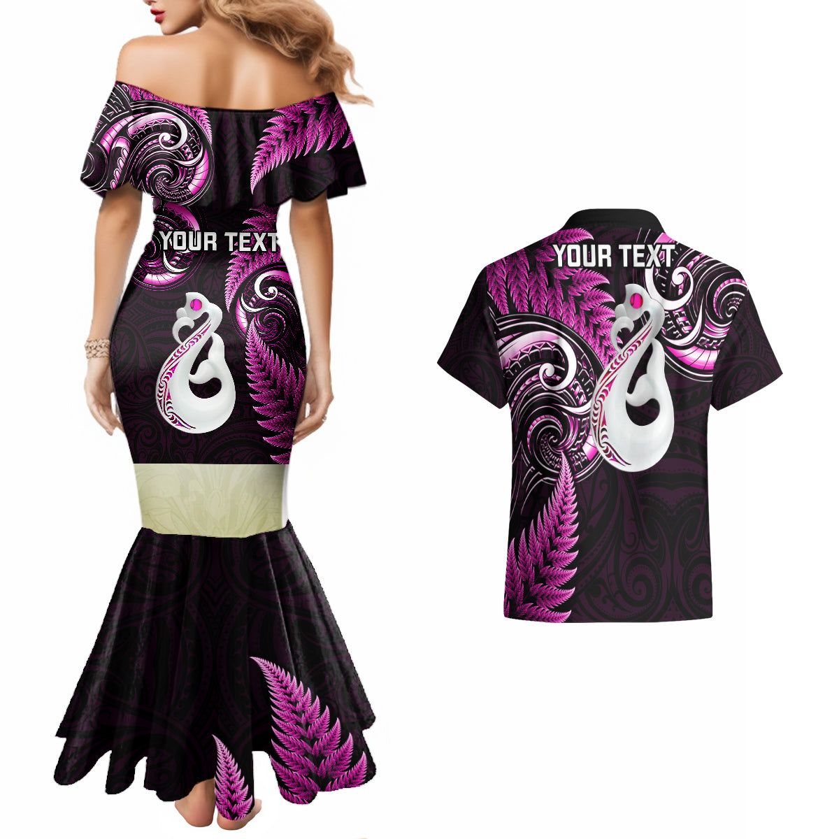 Personalised New Zealand Couples Mermaid Dress And Hawaiian Shirt Aotearoa Silver Fern With Manaia Maori Unique Pink - Wonder Print Shop