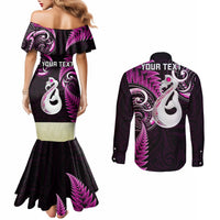 personalised-new-zealand-couples-mermaid-dress-and-long-sleeve-button-shirts-aotearoa-silver-fern-with-manaia-maori-unique-pink