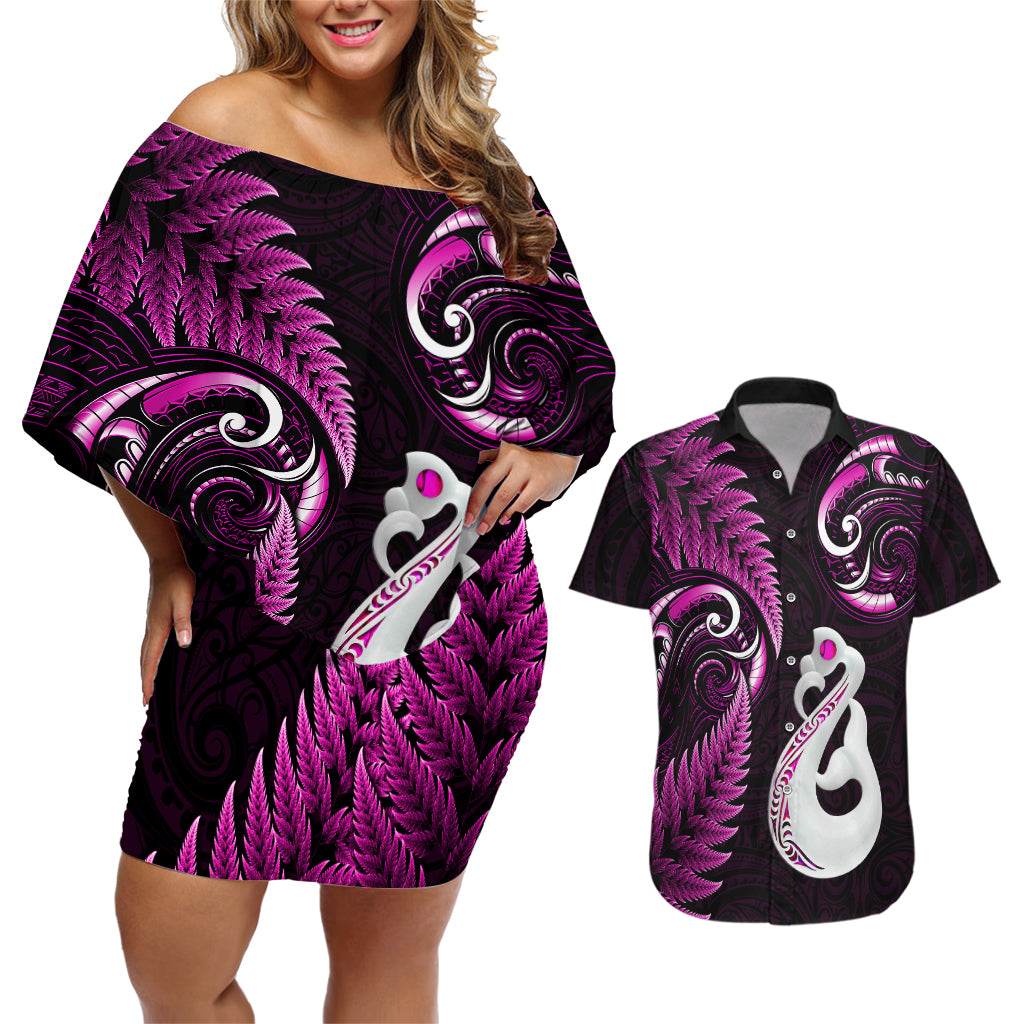 Personalised New Zealand Couples Off Shoulder Short Dress and Hawaiian Shirt Aotearoa Silver Fern With Manaia Maori Unique Pink - Wonder Print Shop
