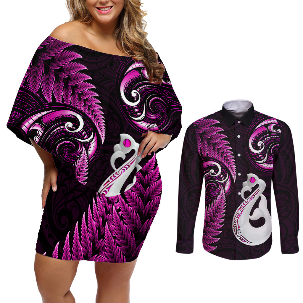 Personalised New Zealand Couples Off Shoulder Short Dress and Long Sleeve Button Shirts Aotearoa Silver Fern With Manaia Maori Unique Pink - Wonder Print Shop