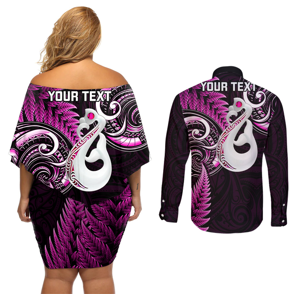 Personalised New Zealand Couples Off Shoulder Short Dress and Long Sleeve Button Shirts Aotearoa Silver Fern With Manaia Maori Unique Pink - Wonder Print Shop