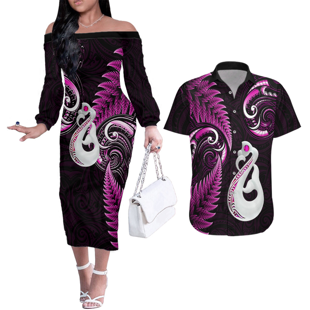 Personalised New Zealand Couples Off The Shoulder Long Sleeve Dress and Hawaiian Shirt Aotearoa Silver Fern With Manaia Maori Unique Pink - Wonder Print Shop