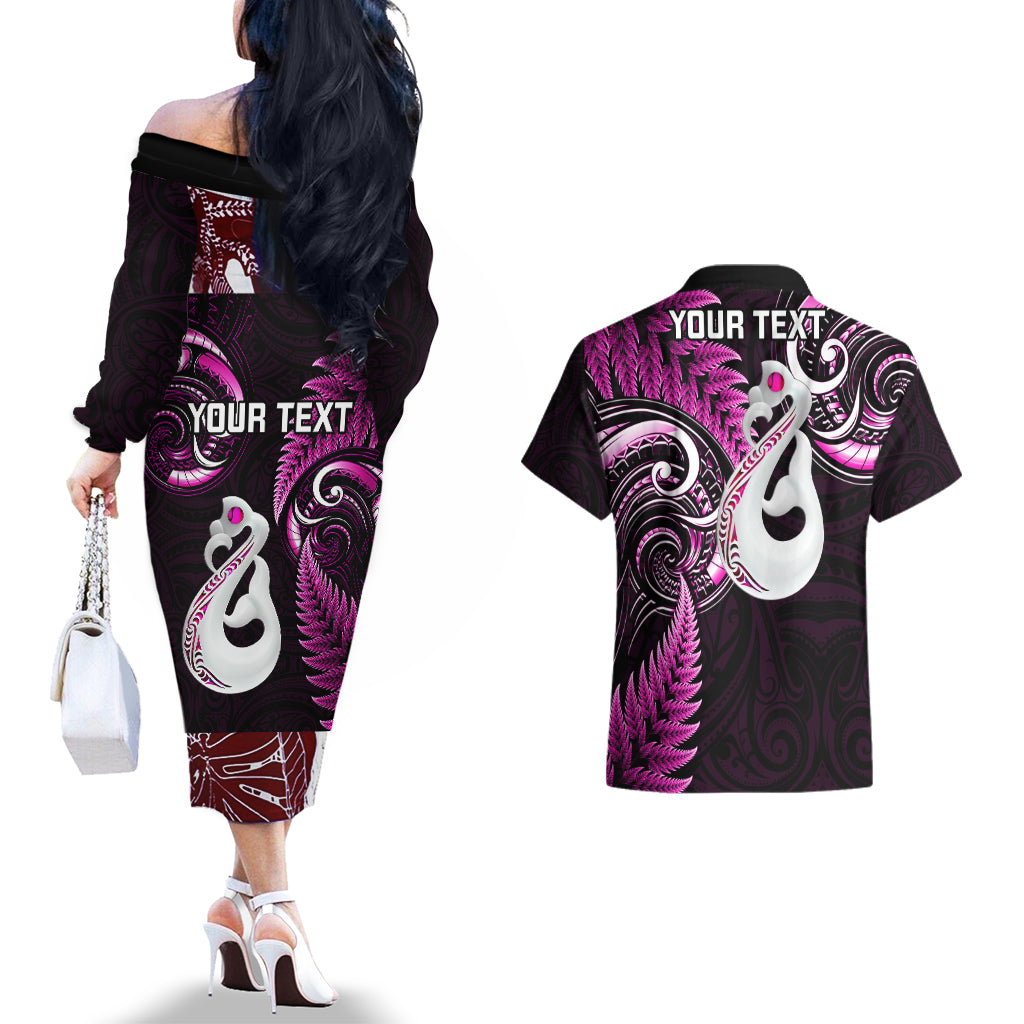 Personalised New Zealand Couples Off The Shoulder Long Sleeve Dress and Hawaiian Shirt Aotearoa Silver Fern With Manaia Maori Unique Pink - Wonder Print Shop